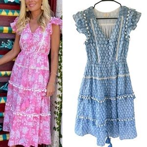 Kemble Shop Cece Pom Pom Blue Bohemian Midi Dress